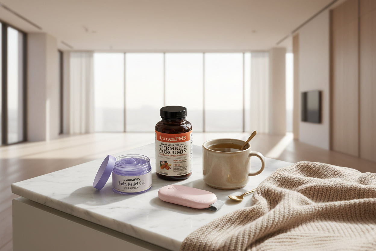 LuneaPMS products including a jar, bottle, and gel on a marble surface with a cup of coffee.