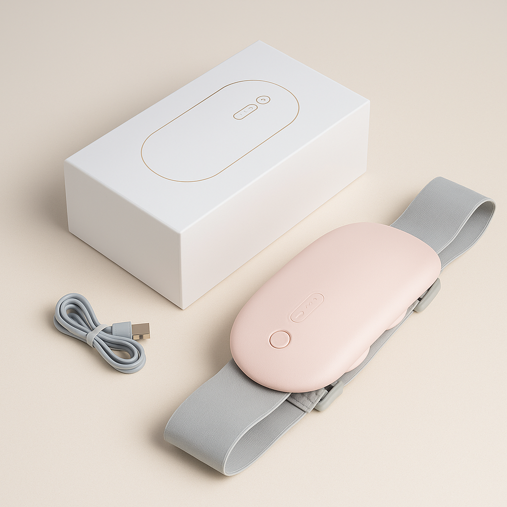 Pink electronic device with gray strap and USB cable on a beige background