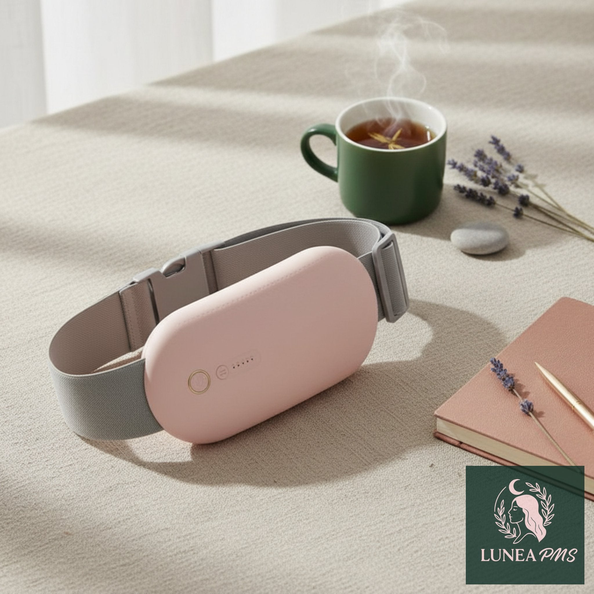 Pink eye mask on a light surface with a cup of tea and lavender flowers